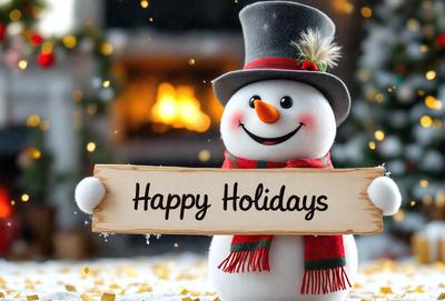 The primary subject of the image is a snowman holding a sign that reads "Happy Holidays." The setting is a cozy environment with a fireplace in the background, creating a warm and festive atmosphere. The visual style is a combination of photo and digital art, as the snowman appears to be a 3D model or digital illustration. The colors and mood are predominantly white and red, symbolizing the holiday season and conveying a sense of joy and celebration.